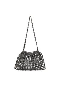 Borsa a mano nera con design a rete, caratterizzata da una forma arrotondata, manico a catena corto e decorazioni di perline testurizzate.