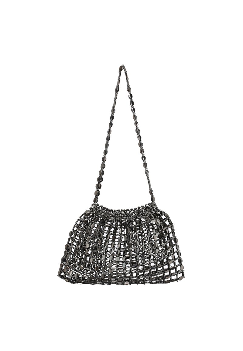 Borsa a mano nera con design a rete, caratterizzata da una forma arrotondata, manico a catena corto e decorazioni di perline testurizzate.