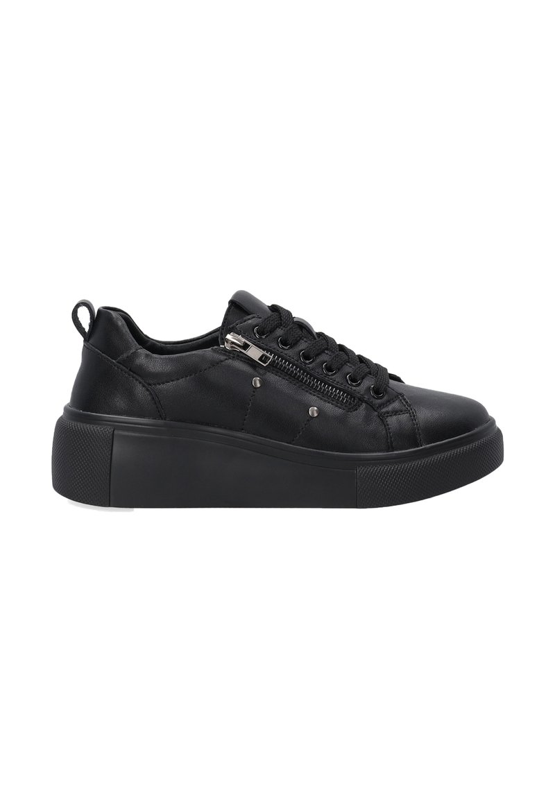 Schwarze Ledersneaker mit strukturiertem Finish, ausgestattet mit einem Schnürdesign, einem Seitenreißverschluss und einer dicken Gummisohle.