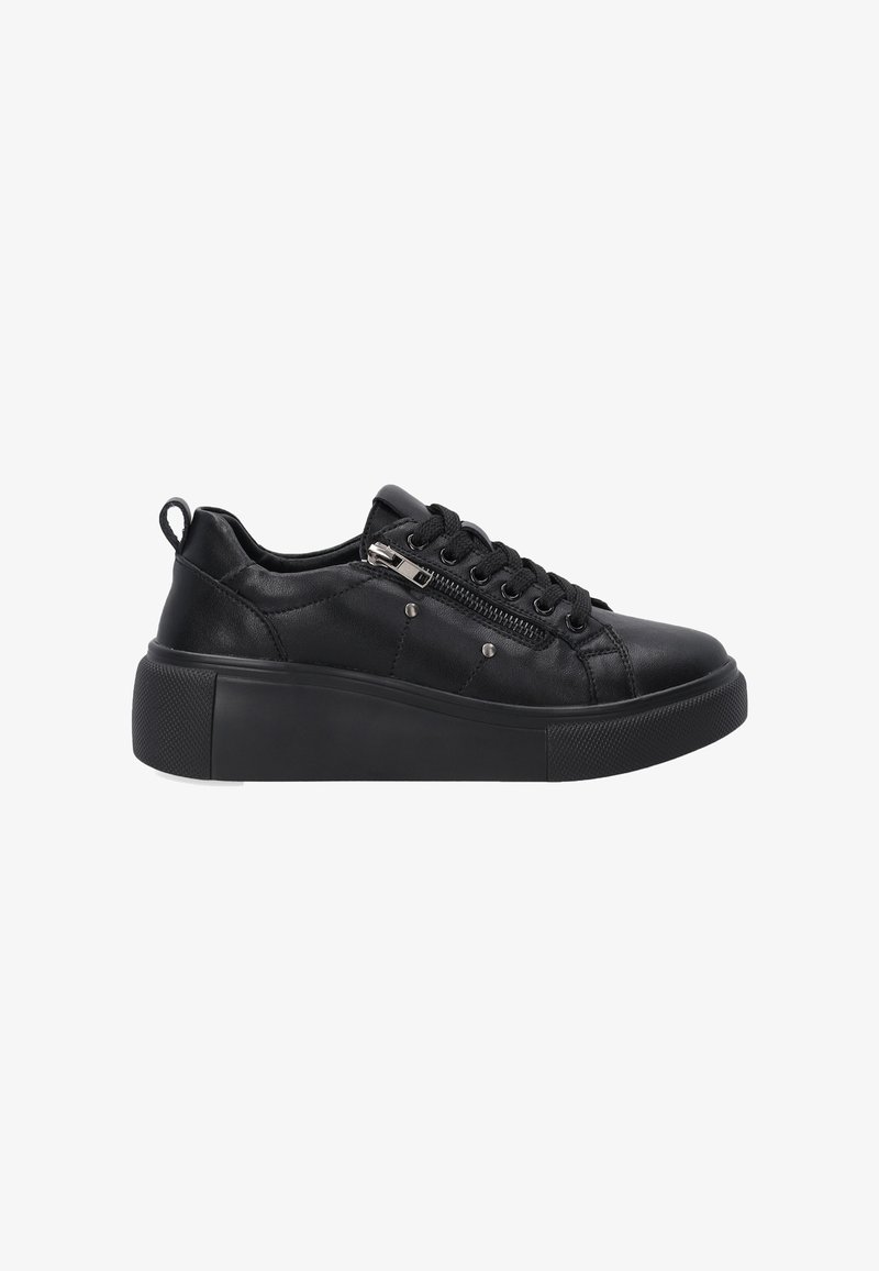 Schwarze Ledersneaker mit strukturiertem Finish, ausgestattet mit einem Schnürdesign, einem Seitenreißverschluss und einer dicken Gummisohle.
