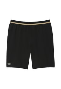 Pantaloni da bagno neri con un elastico dorato in vita e un piccolo logo di coccodrillo verde sul lato sinistro.
