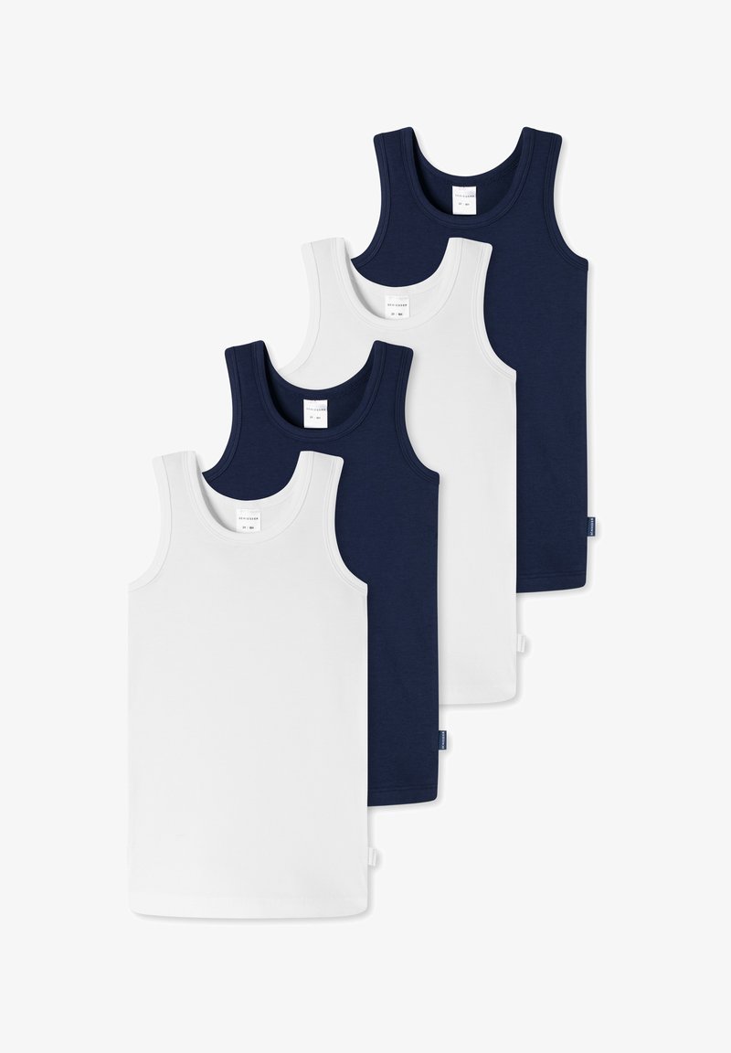 Four tank tops in white and navy. Made of cotton, featuring a classic design with wide straps and a tag at the hem.