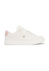 White leather sneakers with a smooth texture, pink heel accent, gold eyelets, and a small logo on the side. Flat rubber sole and lace-up design.