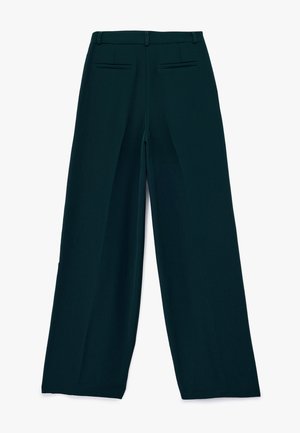 Wijdue broek in donkergroen stof, met een gladde textuur, twee achterzakken met bies en een klassiek taillebandontwerp.