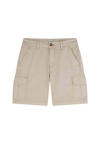 Pantaloni cargo beige realizzati in cotone. Presentano due tasche laterali e due tasche cargo con chiusura a pattina. Vita standard con chiusura a bottoncino.