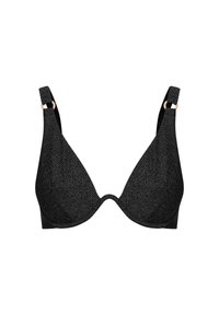 Czarny stanik z teksturowanej tkaniny, z głębokim dekoltem i szerokimi ramiączkami. Regulowane ramiączka mają metalowe akcenty dla wsparcia.