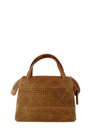 Braune gewebte Handtasche mit strukturierter Oberfläche, ausgestattet mit einer formstabilen Silhouette und zwei Griffen. Beinhaltet einen seitlichen Reißverschluss für einen sicheren Verschluss.