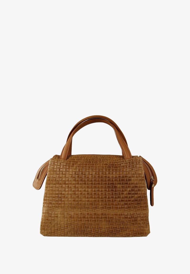 Bruine geweven handtas met een gestructureerd oppervlak, voorzien van een gestructureerde vorm en dubbele handvatten. Inclusief een zijrits voor een veilige sluiting.