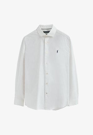 White long-sleeve button-up shirt with pointed collar and small black embroidered polo player logo on the left chest.