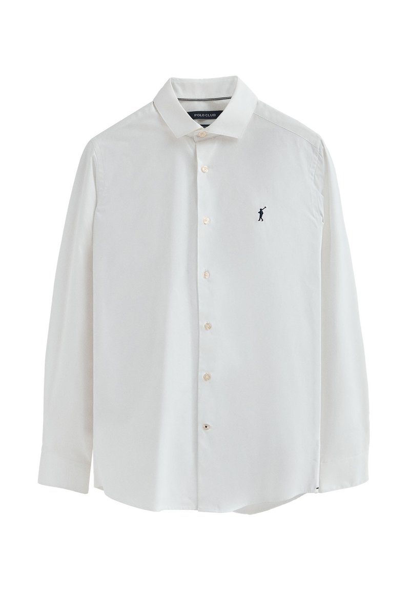 Camisa blanca de manga larga con botones y cuello puntiagudo, con un pequeño logotipo bordado de un jugador de polo en negro en el lado izquierdo del pecho.