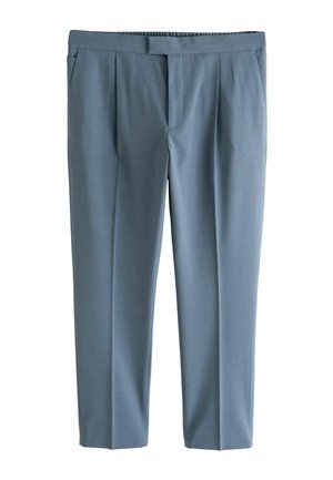 Light blue trousers made of smooth fabric, featuring a straight leg design, front pleats, and side pockets. Tailored fit with a flat front.