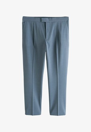 Világoskék, sima anyagból készült nadrág egyenes szárú kialakítással, elöl hajtásokkal és oldalzsebekkel. Testhezálló szabás, sík elülső rész.