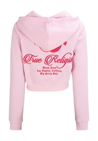 Hellrosa kurzes Hoodie mit roter Aufschrift "True Religion" und Logo auf der Rückseite, langen Ärmeln und Kapuze.