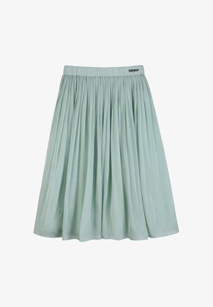 Jupe plissée vert menthe clair avec une taille élastique et un tissu doux et léger. Longueur mi-mollet, avec un léger éclat et une coupe fluide.