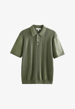 Kurzarm-Polo in Olivgrün, aus weichem Material mit strukturierten vertikalen Streifen, mit Knopfleiste mit drei Knöpfen sowie geripptem Kragen und Saum.