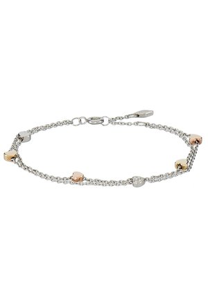 Silver chain bracelet with mixed metal heart-shaped accents in gold, rose gold, and silver. Links are delicate with a polished finish.