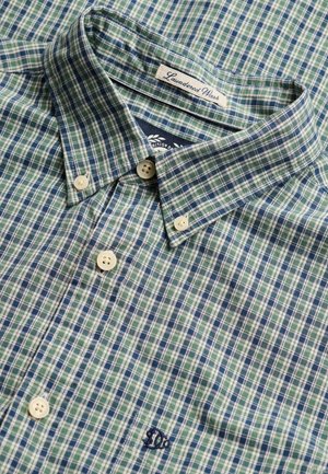 Camicia a quadri verde e blu con colletto abbottonato, bottoni crema e logo ricamato vicino all'orlo.