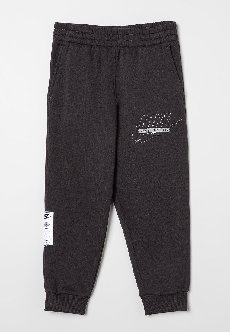 Pantalons de survêtement noirs en coton avec une taille élastique, poches latérales et un logo graphique sur le devant. Étiquette sur le côté.