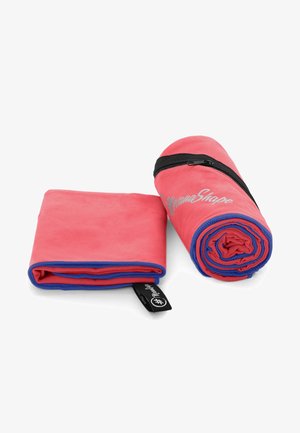 Microfiber towel in pink with blue trim, rolled up and folded. Soft texture with a zipper for compact storage. Lightweight and portable.