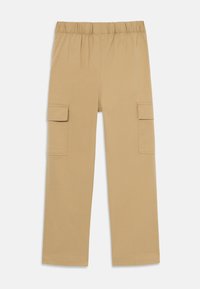 Khaki cargo bukser med elastisk linning, to sidelommer, lige ben fitting og glat tekstur. Ingen synlige mønstre eller accenter.