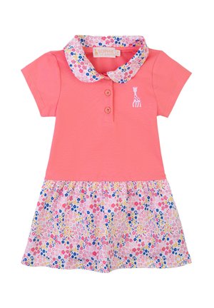 Vestito corallo con maniche corte, colletto e gonna con motivo floreale. Tre bottoni davanti, piccolo logo di giraffa sul lato sinistro del petto.