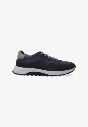 Navy blue sneakers with suede and leather materials, lace-up design, gray accents, and a thick white outsole with textured tread.