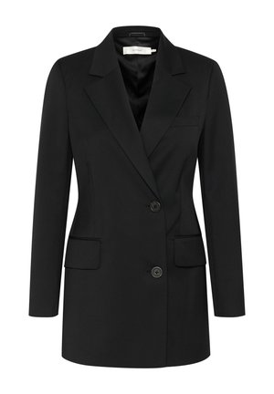 Črn blazer po meri z enorednim zapiranjem, s špicastimi reverji, dvema sprednjima žepoma in dvema gumboma za zapiranje. Gladka tekstura tkanine.