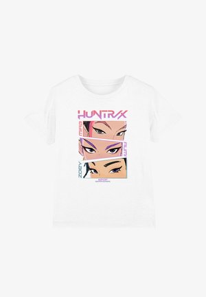 White cotton t-shirt featuring a graphic print of three illustrated eyes with stylized names above. Colors in design include pink and purple accents.