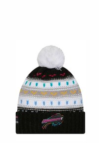 Strickmütze in Schwarz, Weiß und Grau mit bunten Pfeilmustern und einem weißen Pompon oben. Enthält ein Logo-Patch an der Umschlagkante.