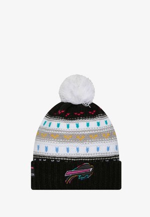 Bonnet en tricot noir, blanc et gris, avec des motifs de flèches colorées et un pompon blanc sur le dessus. Comprend un patch de logo sur le revers.
