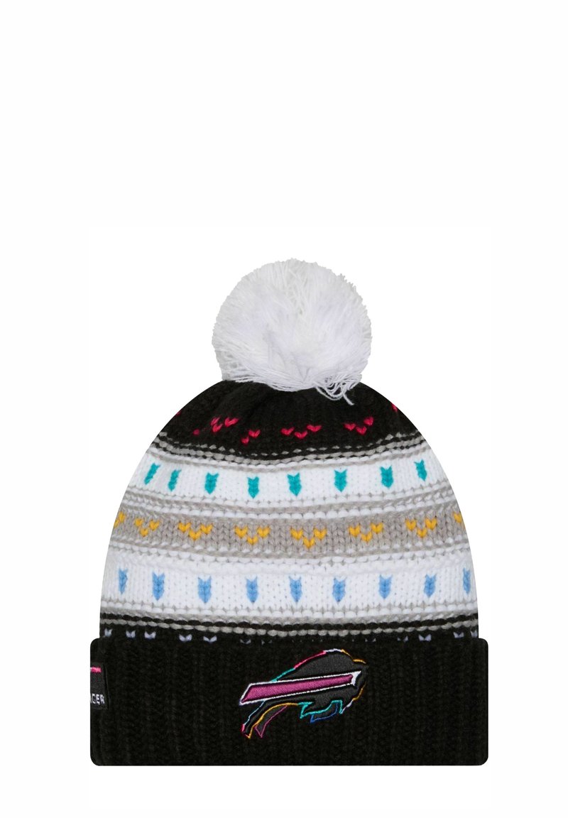 Strickmütze in Schwarz, Weiß und Grau mit bunten Pfeilmustern und einem weißen Pompon oben. Enthält ein Logo-Patch an der Umschlagkante.