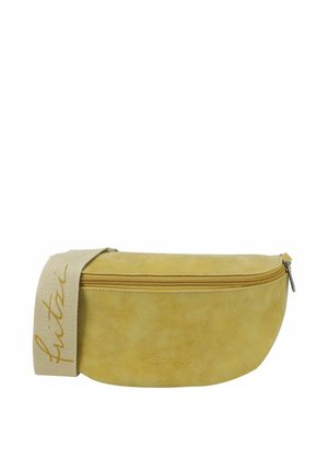 Yellow faux leather fanny pack with a curved shape, zipper closure, and textured surface. Features a beige fabric strap with logo.