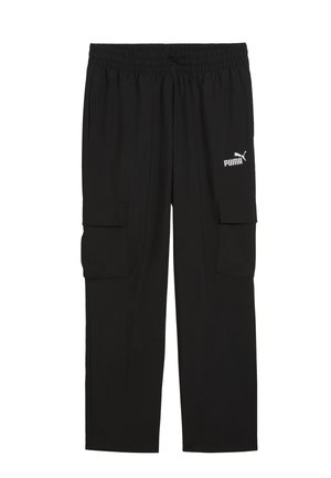 Black cargo pants made of lightweight fabric. Features an elastic waistband, two side pockets, and a white Puma logo on the left side.
