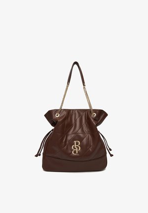Borsa a tracolla marrone in pelle trapuntata con cinghie a catena dorata e logo "BB" intrecciato in oro sulla parte anteriore, con dettagli laterali a coulisse.