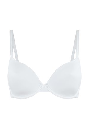 Bílá podprsenka se hladkými, tvarovanými košíčky, nastavitelnými ramínky a centrálním dekoračním uzlem. Vyrobena z měkkého, elastického materiálu.