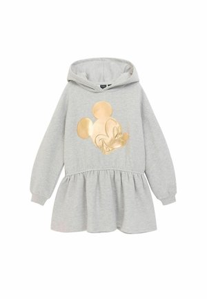 Rochie tip hanorac gri cu glugă, având un imprimeu strălucitor aurit cu Mickey Mouse pe față, și un design cu fustă evazată și mâneci lungi.