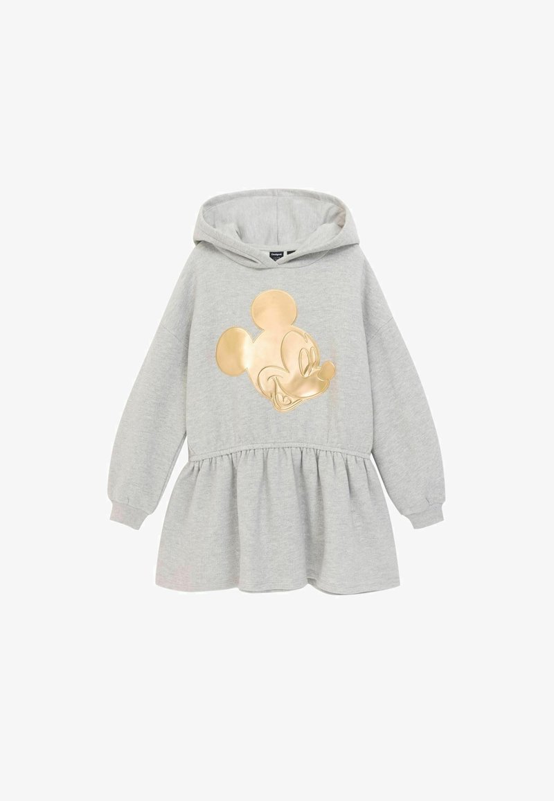 Robe sweat-shirt grise avec capuche, ornée d'un motif brillant doré de Mickey Mouse sur le devant, et une jupe évasée avec des manches longues.