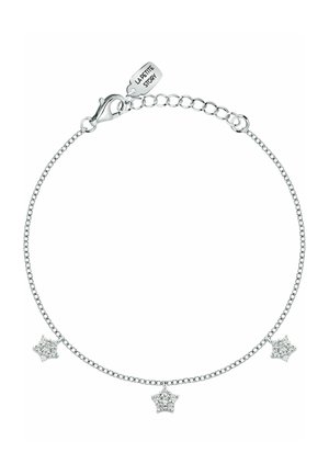 Silver chain bracelet with three small star-shaped crystal charms and a lobster clasp with an engraved tag reading "La Petite Story."