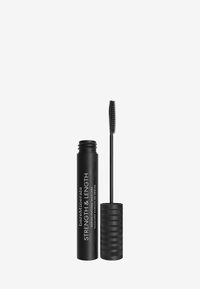 Tube de mascara noir avec des accents circulaires texturés, équipé d'un applicateur en forme de brosse spiralée. L'étiquette indique "bareMinerals Strength & Length."