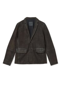 Blazer in pelle marrone scuro con rever a scollatura, due tasche a patta frontali e due bottoni, esposto piatto su sfondo bianco.