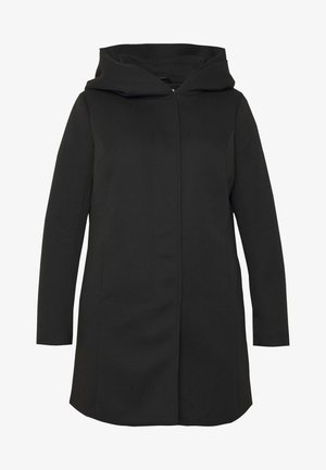 Zwarte hooded coat gemaakt van een gladde stof. Bevat lange mouwen, een rechte snit en een vooropening zonder zichtbare sluitingen.