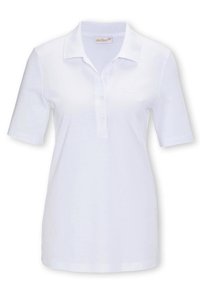 Witte poloshirt met korte mouwen, kraag en een knoopsluiting met drie knopen. Voorzien van een subtiele geborduurde logo op de borst. Zachte textuur.
