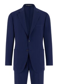 Veste de costume pour homme bleu marine avec revers crantés, fermeture à deux boutons, poches plaquées et une poche poitrine passepoilée, assortie à un pantalon coordonné.