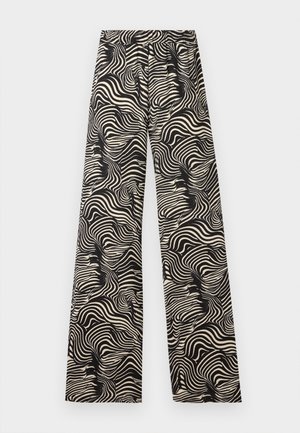 Un pantalon large avec un motif tourbillonnant en monochrome. Le matériau semble léger avec une finition texturée ; il dispose d'une taille haute élastique.
