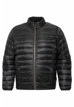 Giacca a vento nera con colletto alto, design trapuntato, zip frontale e tasche laterali. Tessuto liscio e lucido con cuciture orizzontali.