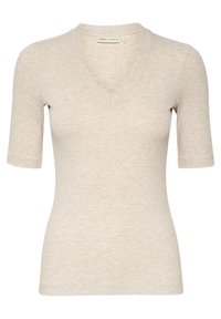Kurzes Oberteil mit V-Ausschnitt aus leichtem, beigem Rippmaterial, das eine figurnahe Silhouette und eine subtile Textur aufweist.