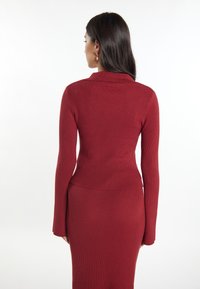 Ribbed vínové bodycon šaty s dlouhými rukávy a vysokým límcem, s přiléhavým pasem a hladkou texturou.