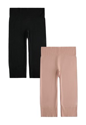 Deux paires de leggings sans coutures, un noir et un beige, tous deux avec une large ceinture et une longueur mi-mollet.
