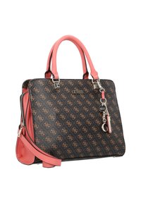 Czarna torebka o teksturowej powierzchni z różowymi uchwytami i akcentami. Posiada wzór monogramu oraz srebrne wykończenia. Zawiera odpinany pasek.