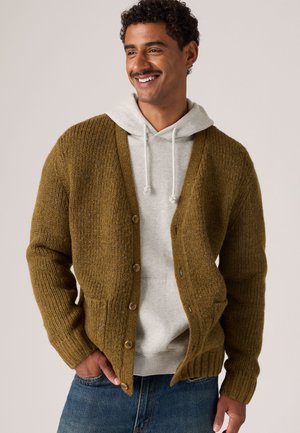 Homme souriant portant un cardigan marron boutonné par-dessus un sweat à capuche gris clair et un jean bleu, debout avec une main dans la poche.
